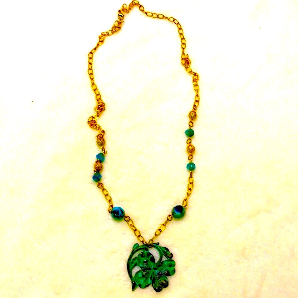 ^ NEW Four Leaf Gold High Quality Handcrafted Necklace…32.5” With Clover…
